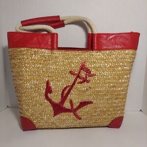 Straw Studios Bags: Tote Red Anchor Appliqué Natural Straw Nautical Beach